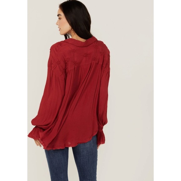 Free People Olivia Long Sleeve Top Womens XS Red Oversized Button Down Festive‎ - Picture 2 of 6